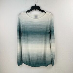 Chicos Striped Sweater Womens S Blue Green White Work Office Winter Preppy